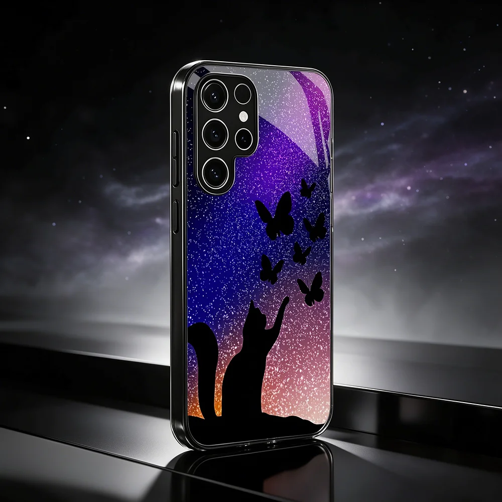Starry Sky Cat Butterfly Tempering Glass phone case s26 ultra case s25 ultra for Samsung Galaxy s26/s25/s24/s23/s22Ultra FE Plus