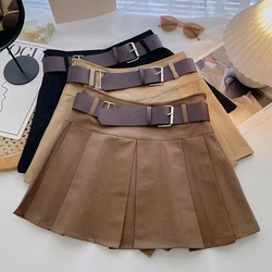 Solid Belt Mini Skirt Women Streetwear High Waist Black Pleated Skirts Preppy Korean Fashion Casual All Match A Line Skirt New