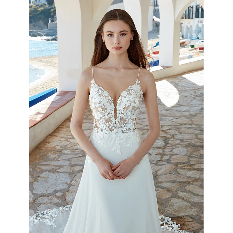 مثير السباغيتي الأشرطة فساتين الزفاف الأبيض الدانتيل يزين ألف خط الخامس الرقبة طول الأرض الشيفون زي العرائس Vestidos De Novia