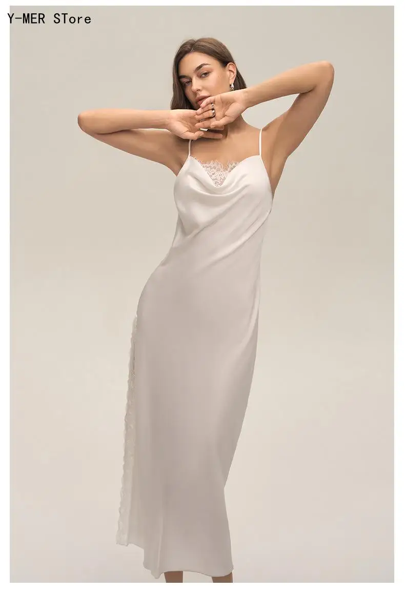 Summer Soft Solid Color Long Sleep Dress Women Cowl Neck Satin Chiffon Lace Splicing Sexy Slip Nightgown Indoor Loungewear