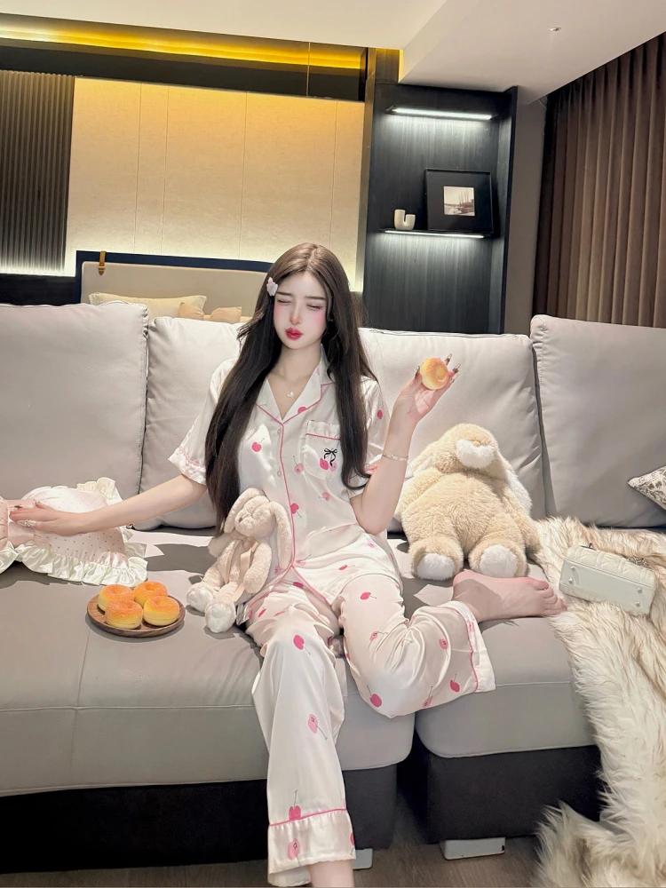 Japanese Sweet Ins Satin Ice Silk Short Sleeve Pajamas Spring Summer Cute Girl Homewear Set 2025 New Wearable Outside