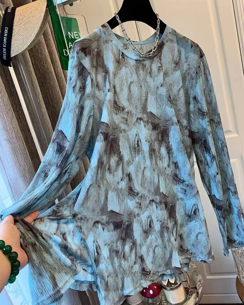 Plus Size 300Pou Dames Long Sve T-shirt Dyed Me Base irt Zomer Losse Zonbescherming Top Trendy ronde Ne Print