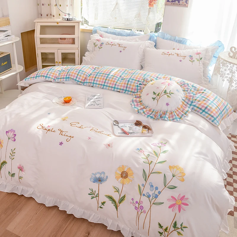 

white pastoral style flowers Embroidered Ruffle Cotton Bedding Set Duvet Cover Bed Linen Fitted Sheet Pillowcases Home textiles