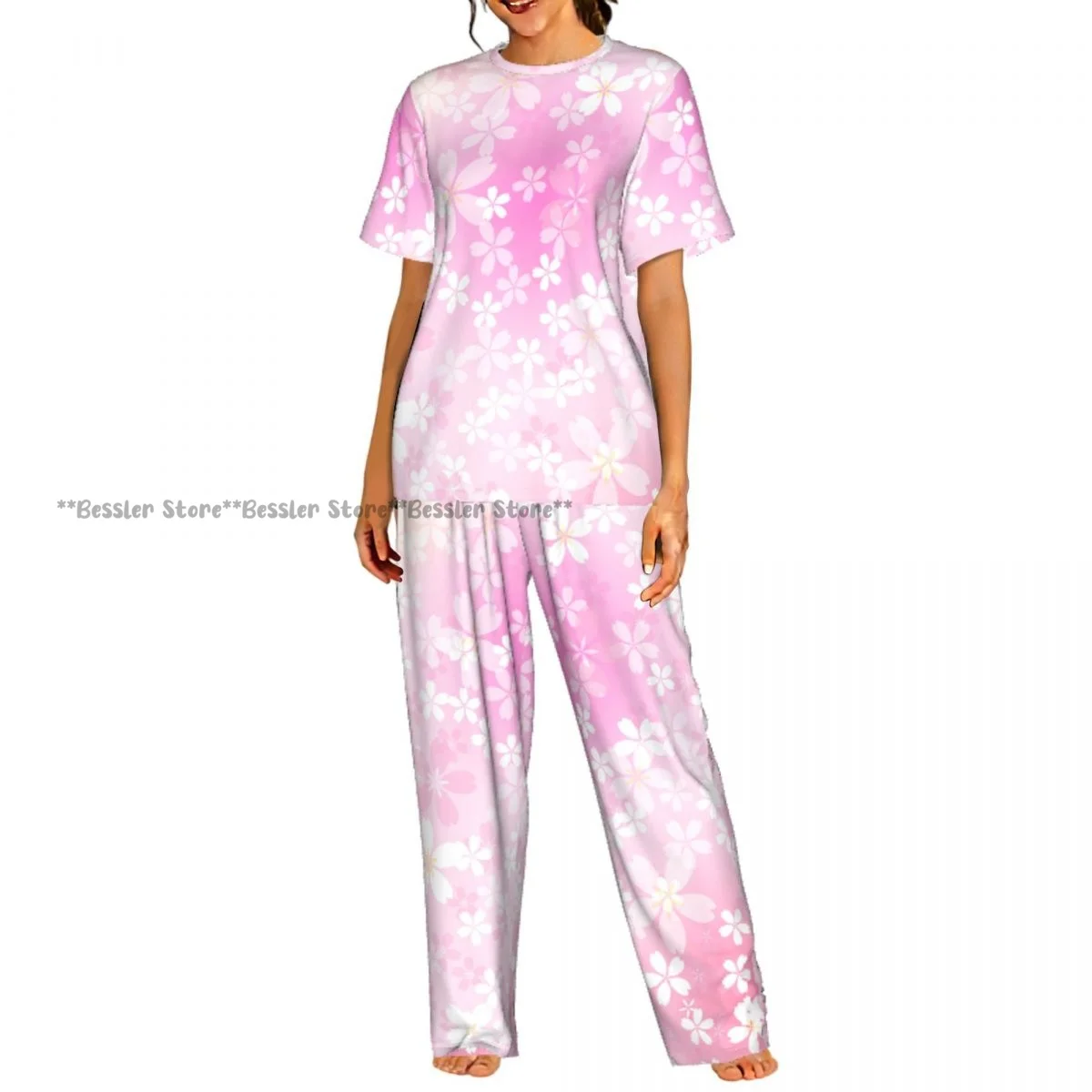 

Women's Pajamas Set Cherry Blossom Pink Short Sleeve Sleepwear 2 Piece Homewear Loungewear