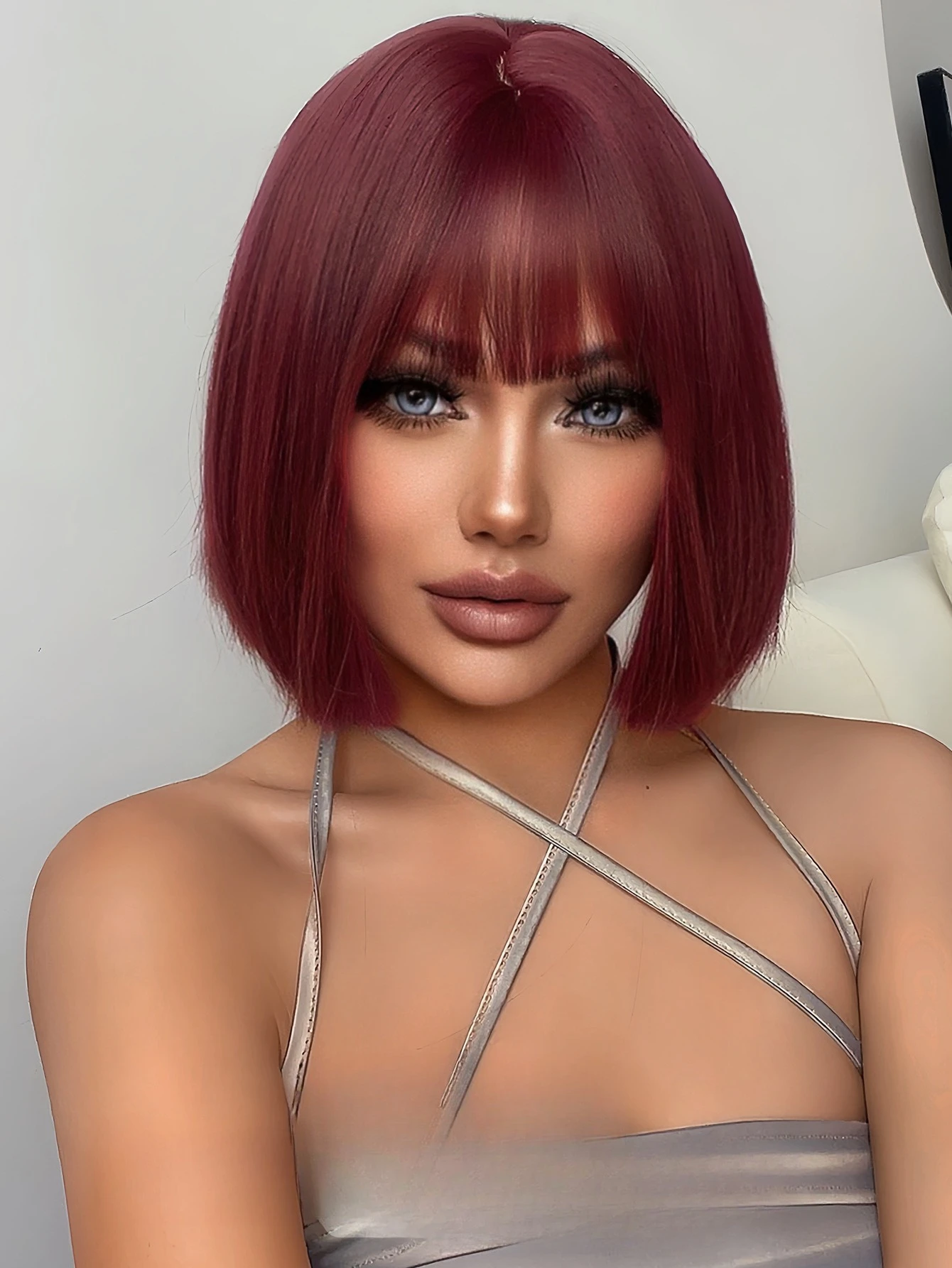 

Парик женский с короткими волосами JK модный бордовый Бобо повседневная Лолита Ци с челкой полный головной убор реалистичный парик