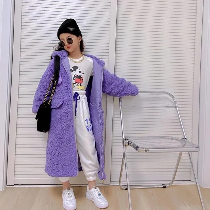 Hot Sale Winter Clothes for Girls Long Thick Hooded Fur Coats Solid Color Zipper Outwears Tops 3- 14Years