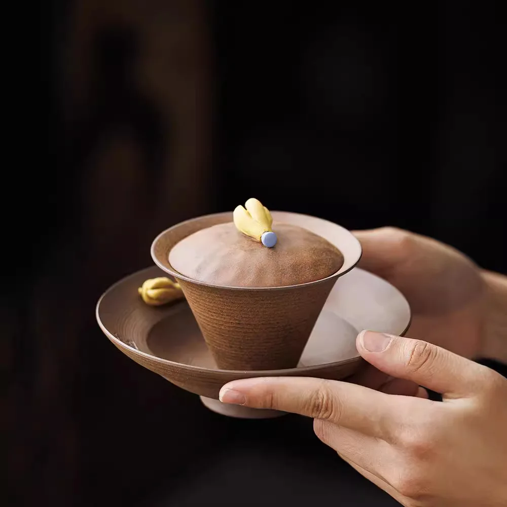 Vintage Style Handmade Old Rock Clay Tea Set Three-Talent Gaiwan One Pot Two Cups Tray Buddha Hand Cup Ceramic Tea Set