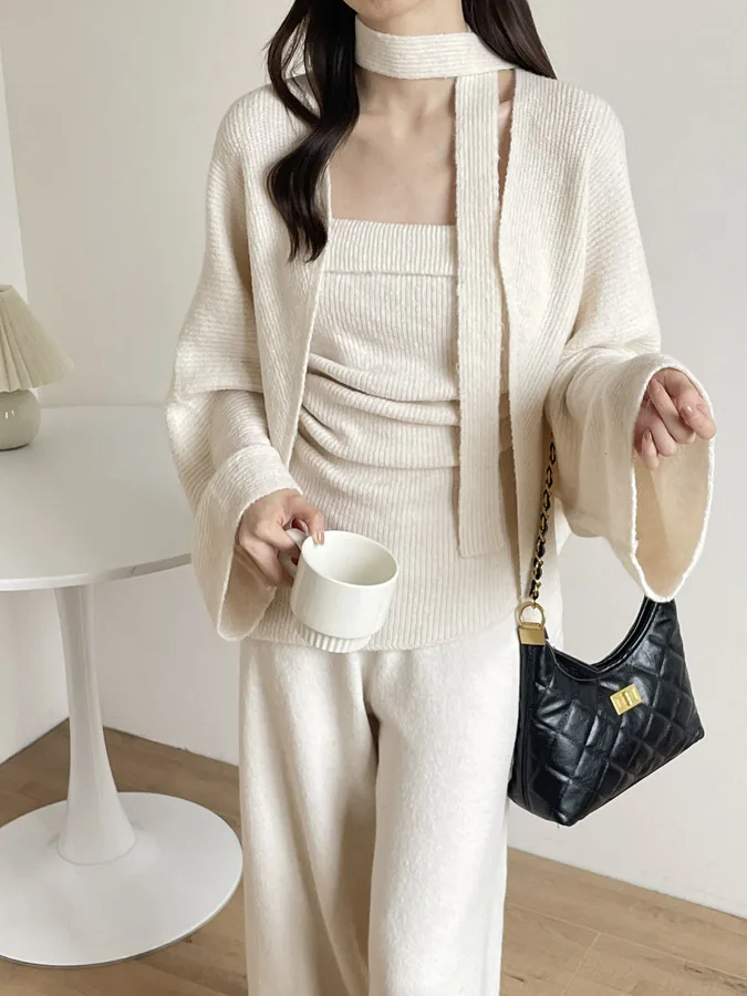 

Elegant Loose Knitted Sweater Coat Cardigan Women's Strapless Pleated Vest Casual Pants Three-piece Set Korean Style Autumn F...