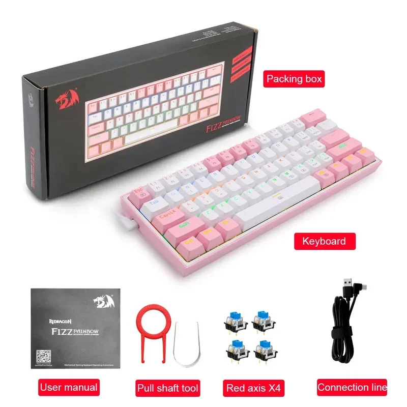 Imagem -06 - Redragon-teclado Mecânico com Fio 61 Teclas Retroiluminação Rgb Design Fino e Leve Teclado de Escritório para Meninas K617 430g