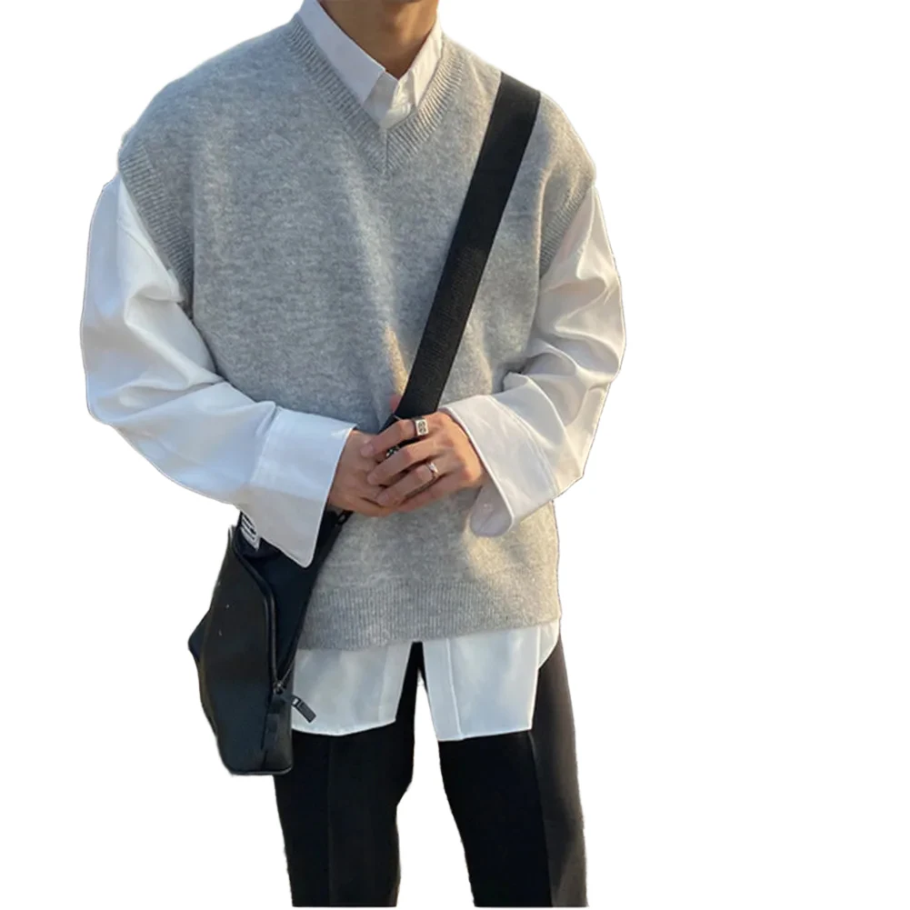 

Men Sweater Vest Simple Versatile V-neck Sleeveless Loose Korean Knitted TankTop