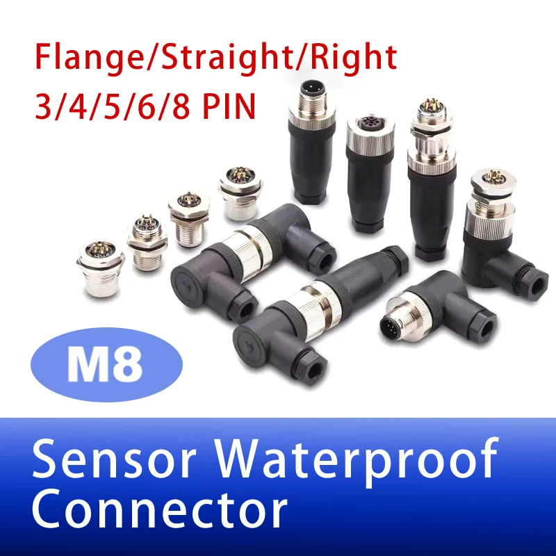 

5/20/100Pcs M8 connector 3/4/5/6/8Pin Sensor waterproof male&female plug Flange/Straight/Right angle screw threaded coupling