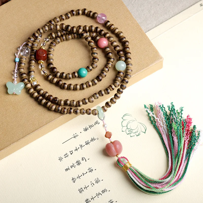 First-line yellow butterwood agarwood multi-strand Buddhist root bead natural white crystal bracelet Chines