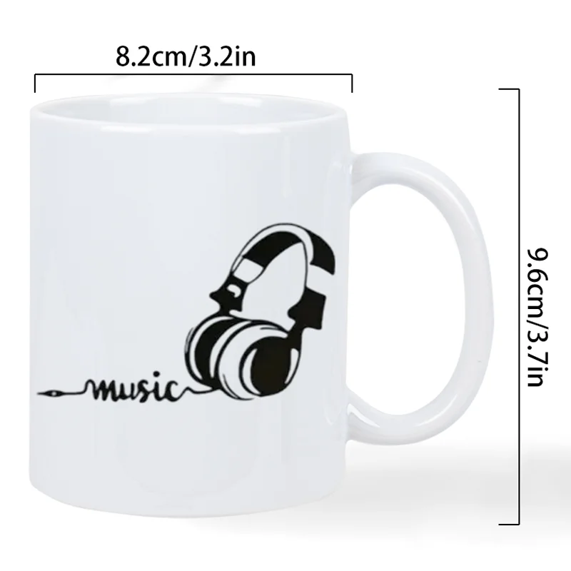 Music Lover's White Ceramic Mug with Headphones & Music Notes Design - Reusable Coffee Cup for Tea, Hot Chocolate - Hand Wash On
