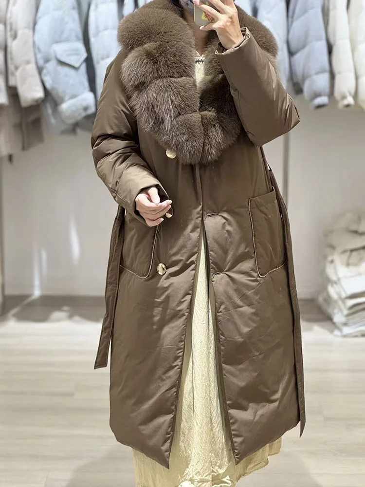 Long collar belted down jacket with down filling - thick and warm winter waist-hugging parka for 2026 winter season new style