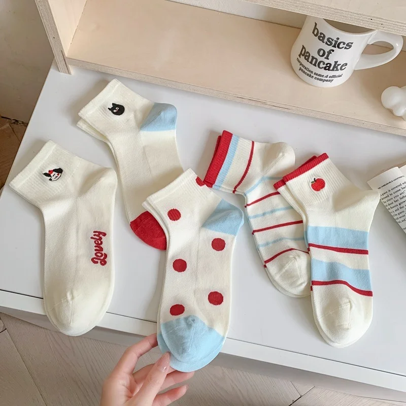 Women's Cotton Ankle Socks Cartoon Embroidered Apple Polka Dot Color Block Korean Preppy School Style Spring Summer Cute