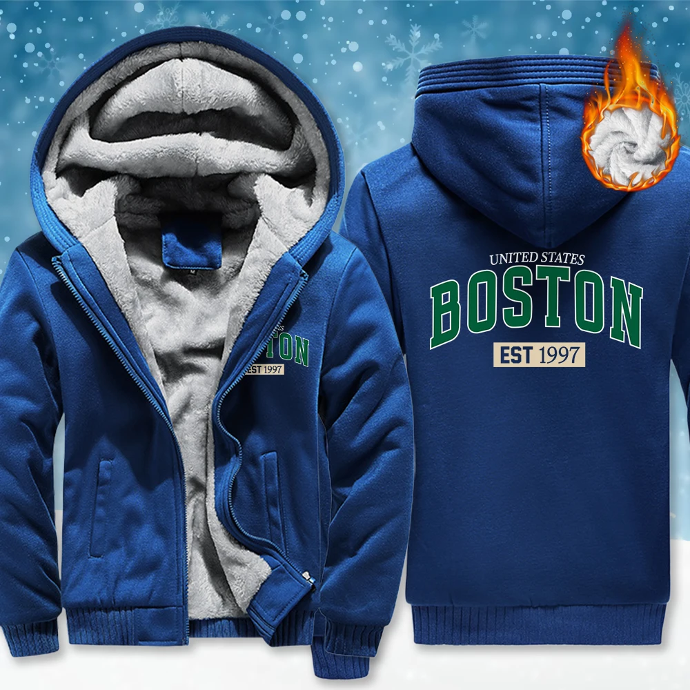 

Мужская куртка на молнии с принтом США Boston Est 1997, модная свободная толстовка с капюшоном, повседневный топ, зимняя утепленная флисовая мужская одежда с карманами