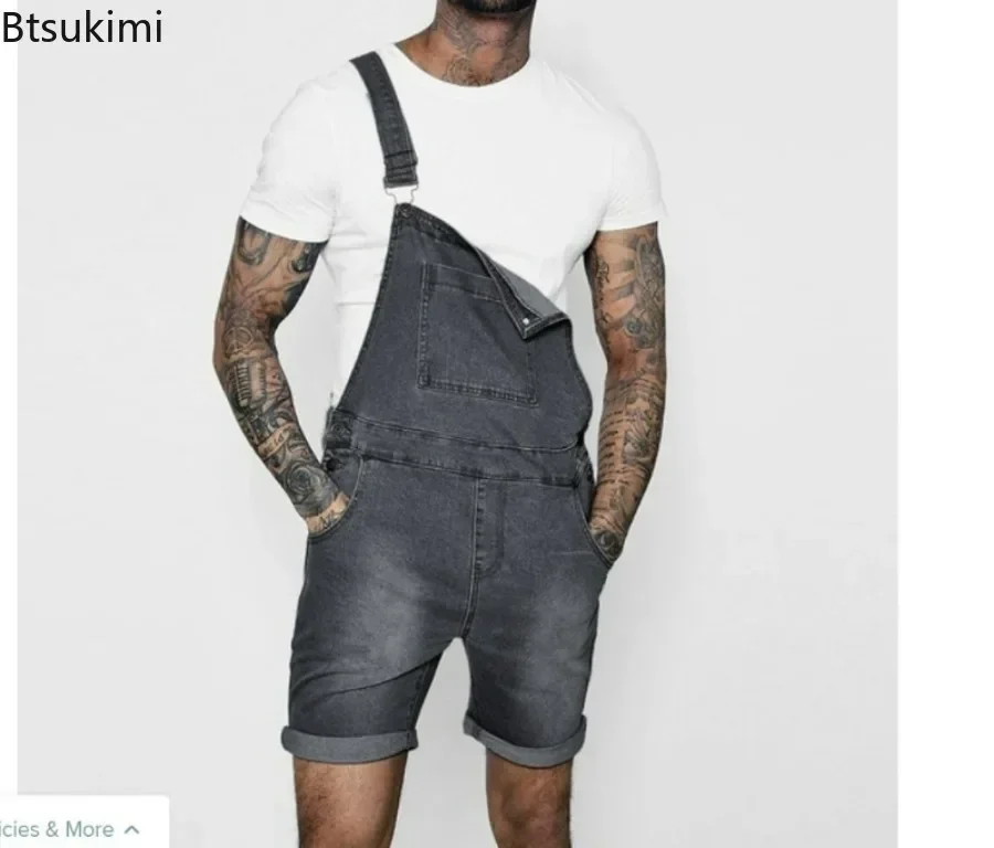 2024 Men's Fashion Multi-Pocket Baggy Jeans Jumpsuit Solid Streetwear Suspender Shorts Rompers Denim Overalls for Men Outfits