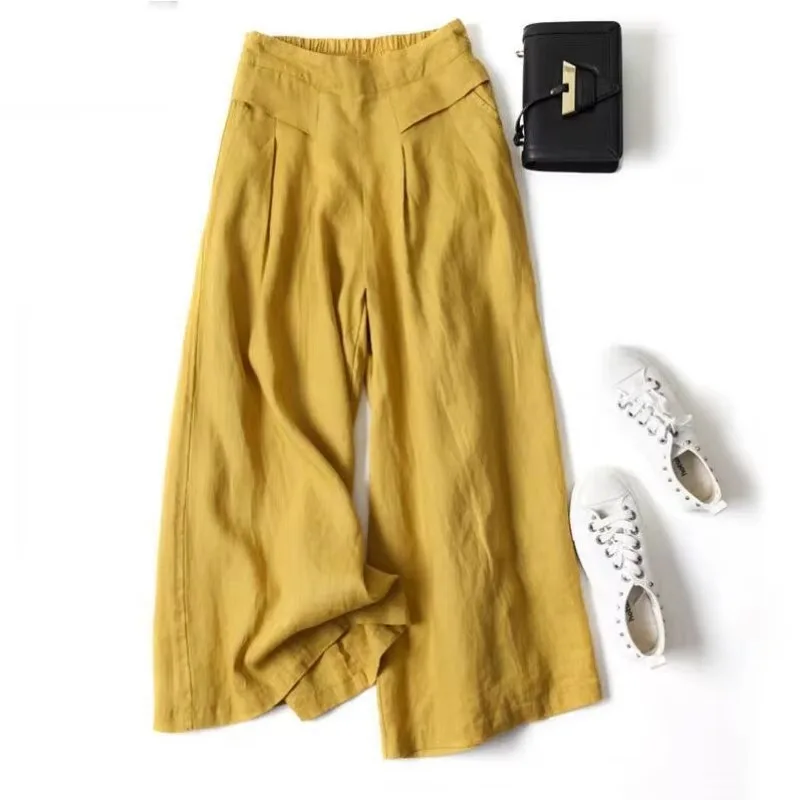 European and American Women's Loose and Falling Semi Elastic High Waisted Thin Style Artistic Cotton and Linen Wide Leg Pants