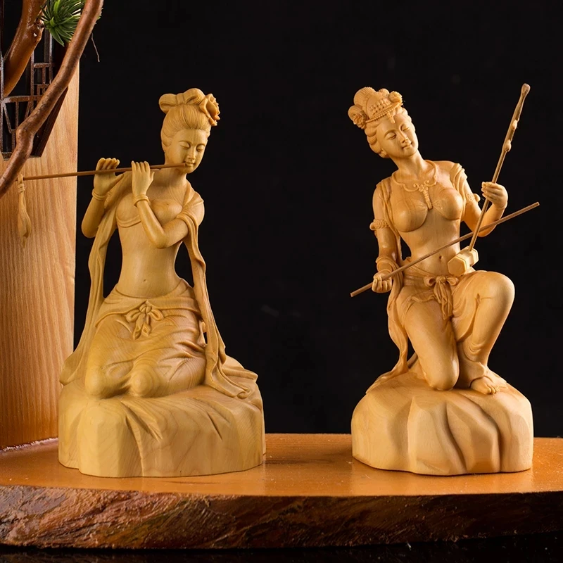 

Boxwood 13cm Classical Beauty Sculpture Lady Wood Collection Statue Lute Xiao Beauty Fairy Home Decor