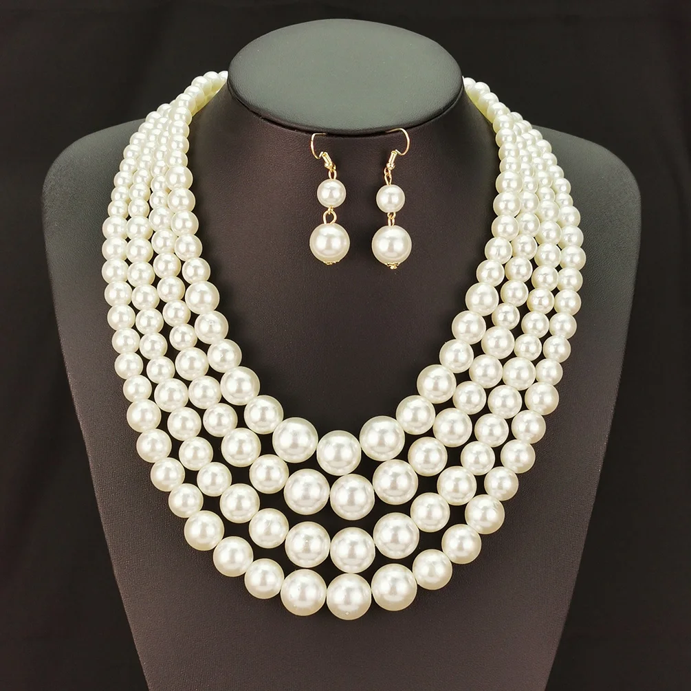 Layered Imitation Pearl Necklaces Sets For Women Handmade Beaded Chain Necklace Earrings Fashion Jewelry Set Charm Accesories