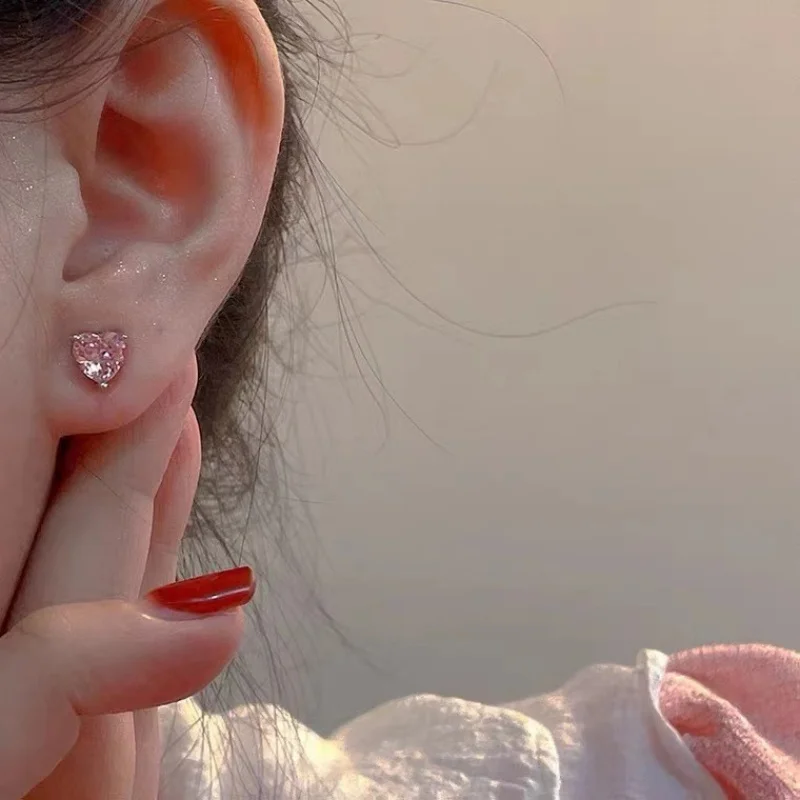 Pink Color CZ Crystal Stud Earrings for Women Korean Sweet Jewelry Female Birthday Friend Christmas Gift