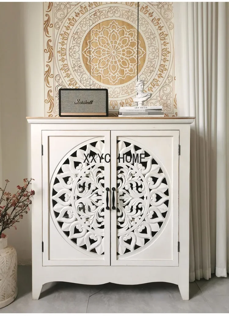 

European Country Style Vintage Solid Wood Carved Hallway Dining Side Low Cabinet Shoe Cabinet Locker Side Cabinet furniture