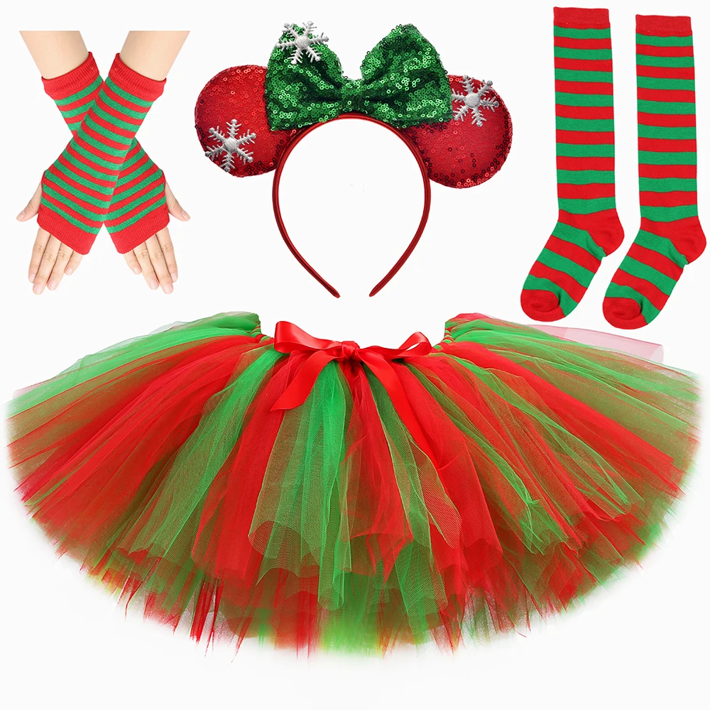 Baby Girls Christmas Tutu Skirt Costume Outfit Fluffy Red Green Kids Mini Tulle Skirts Toddler Girl Xmas Party Performance Tutus