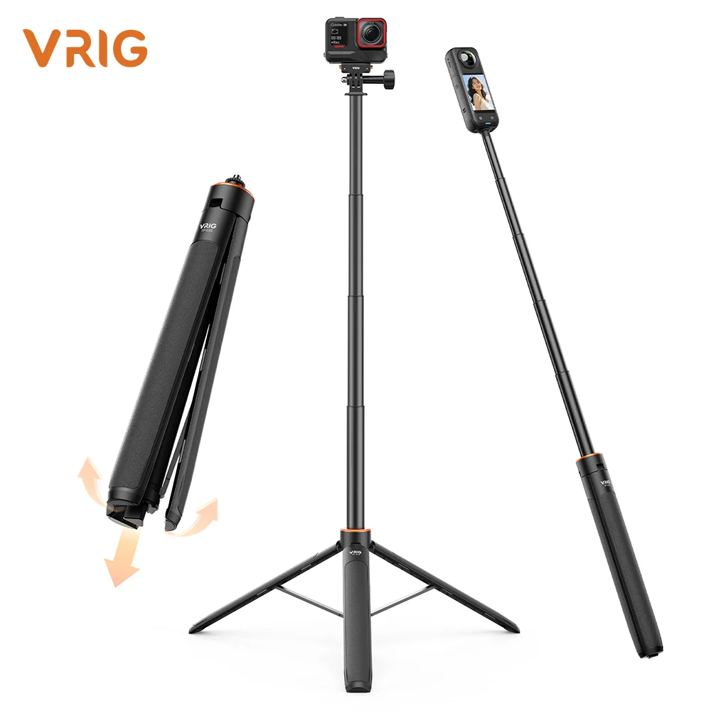VRIG TP-21S Action Camera Selfie Stick Tripod 1.6M Extension Pole Aluminum GoPro 1/4 Screw Vlog for Insta360 DJI Osmo