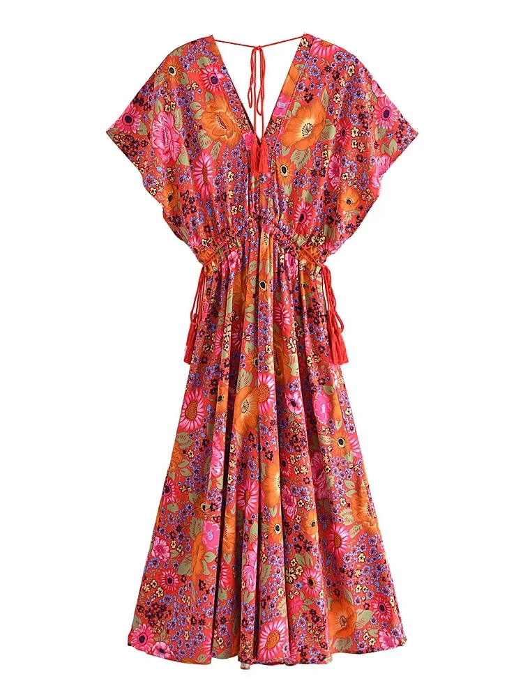 Red Peacock Floral Women V-neck Tassel Batwing Sleeve Bohemian Maxi Dresses Ladies Rayon Cotton Beach Summer Boho Dress Robe