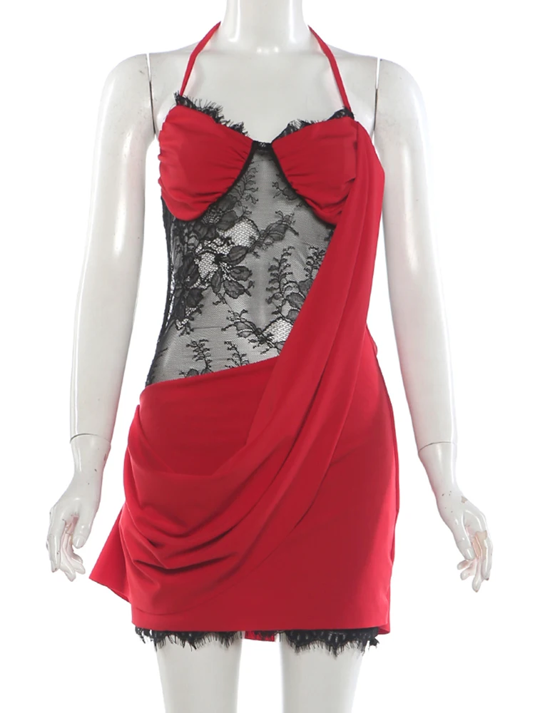 Weird Puss Spitzen-Patchwork-Kleid für Damen, Neckholder, tiefer Ausschnitt, Falten, rückenfrei, ärmellos, eng anliegend, hohe Elastizität, sexy, für Partys, figurbetont – Detail 3
