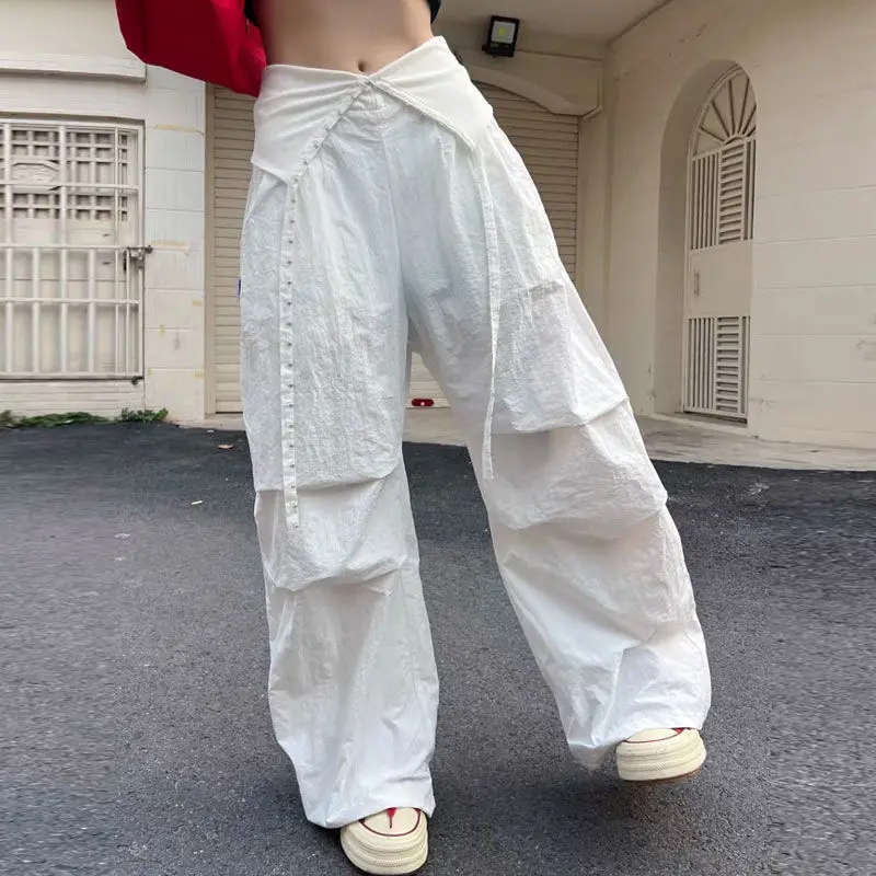 Deeptown Vintage Letter Women Cargo Pant Wide Leg Hip Hop American Style Parachute Pants Loose Grunge Trousers Streetwear Casual