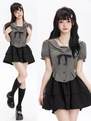 2023 Summer Women Short Sleeve Bow Blouse + Black Mini Skirts Fashion Bodycon Outfits Chic Japanese Casual Y2k Party Suits Style