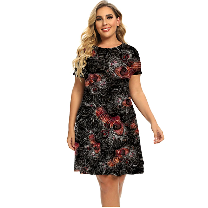 2023 Gothic Terreur Schedels Jurk Mode Nieuwe Patroon 3D Rose Print Jurken Zomer Korte Mouw Casual Kleding Plus Size Kleding 6XL