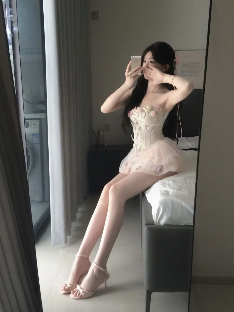

Birthday Girl Fibone Top And Puffy ort Skirt Two-Piece Set with 3D Flower Print Bustier Design Faionable Women's Ensemble