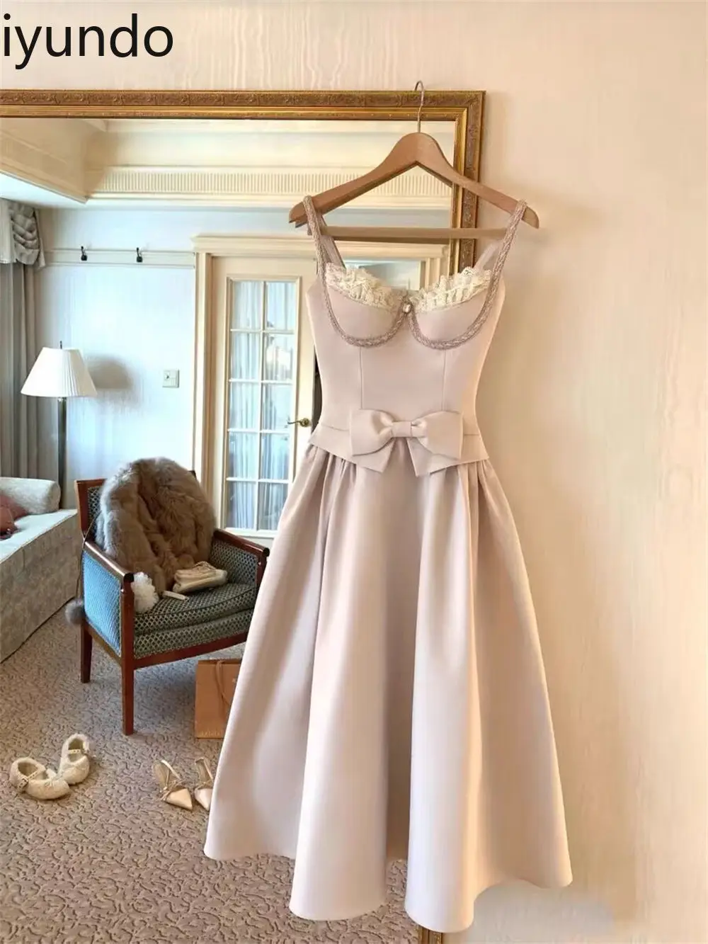 

French Sweet Style Lace Splicing Suspender Robe New Summer Style Temperament Age-reducing Waist Fairy Long Dress