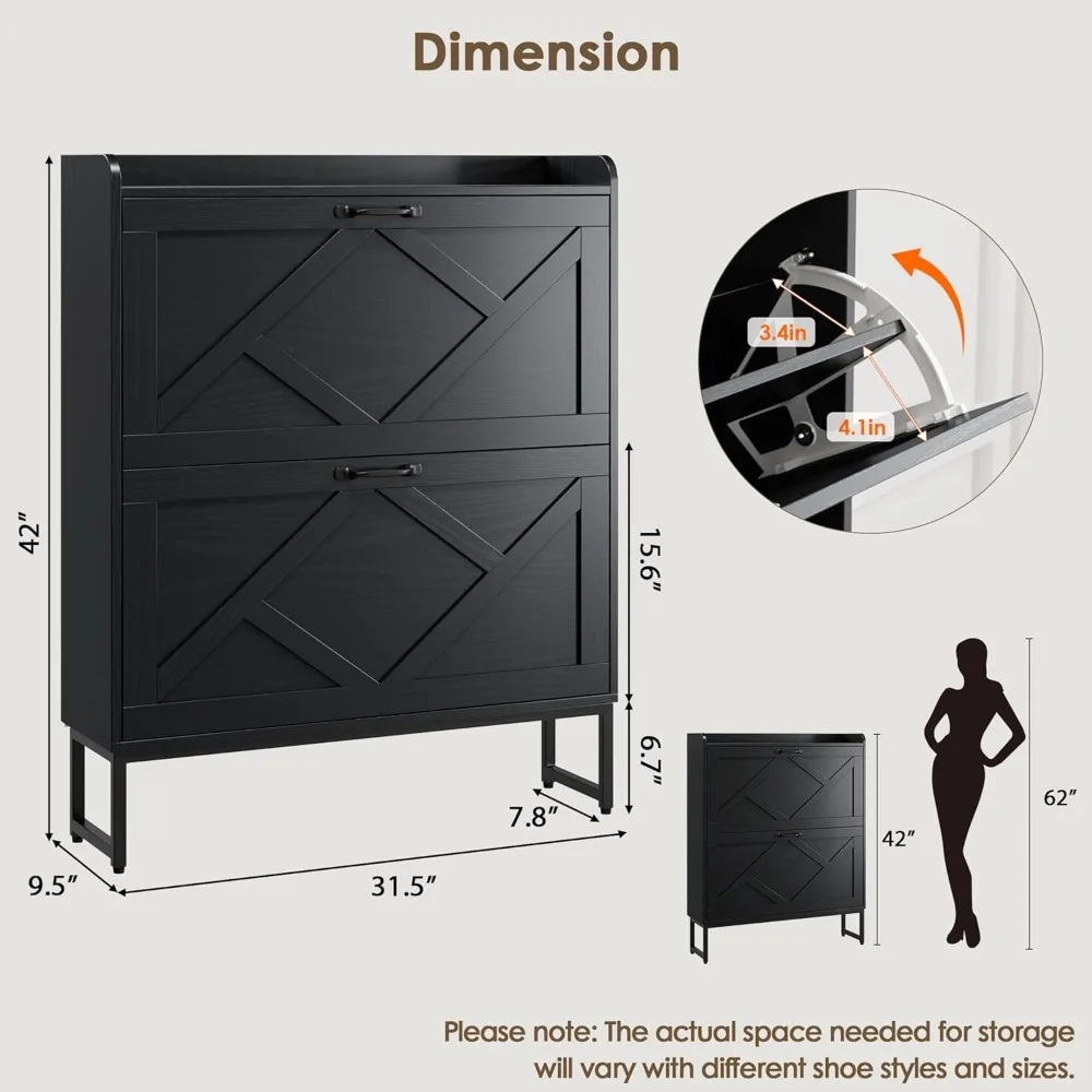 Organizador de zapatos independiente con 2 cajones, patas de metal, gabinete de zapatero estrecho
