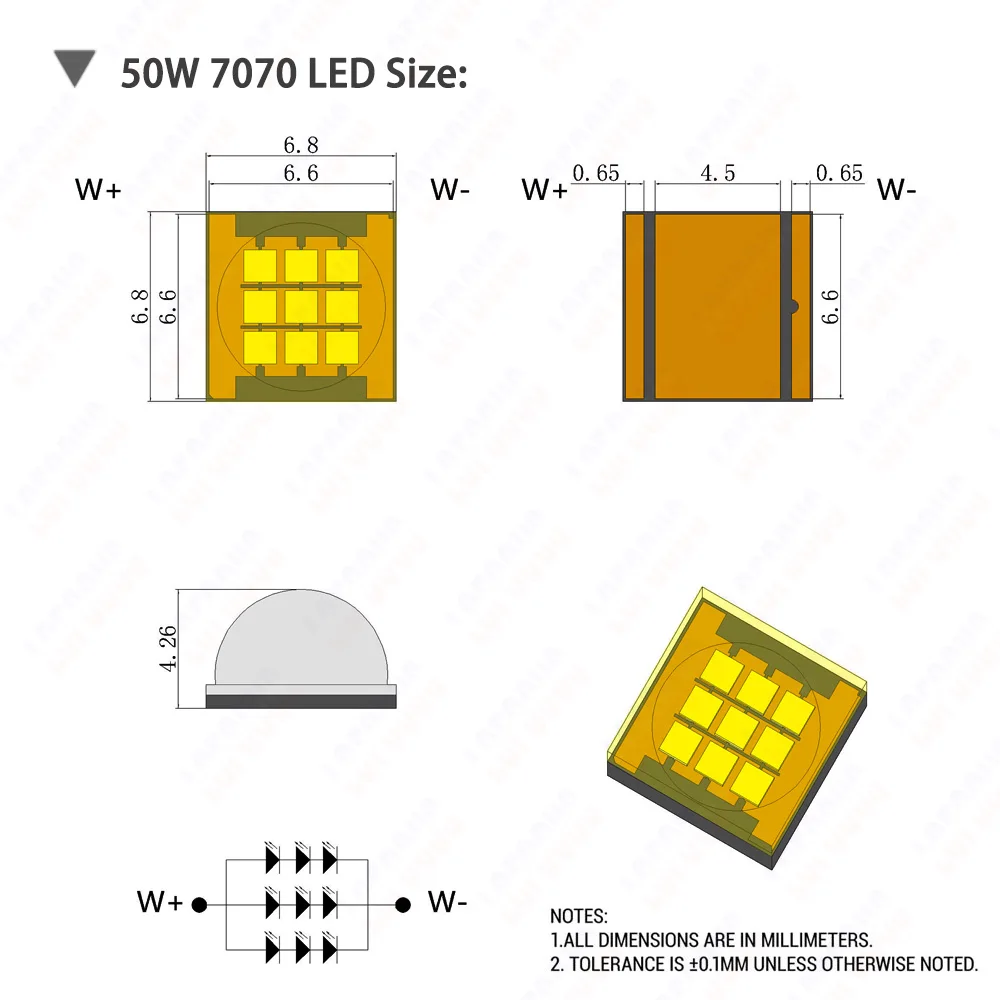 Imagem -04 - Chip Led de Alta Potência de 50 Watts 7070 Luz Quente Luz Natural Luz Branca Fria 3000k 4000k 6000k Cob Smd Diodo Emissor de Luz 55mil para Holofotes Lanterna