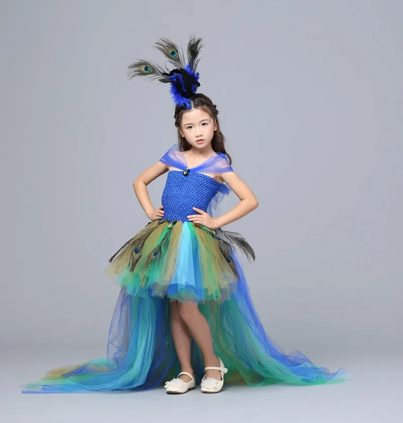 Peacock Dress with Train Tulle For Kids Girls Peacock Feather Toddler Baby Girls Party Clothes for Birthday Photograp