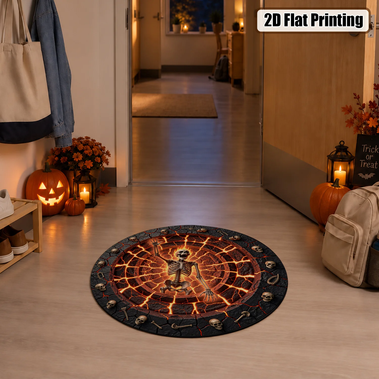 Skeleton Skull Lava Pattern Round Rug Velvet Fabric Machine Washable Durable Ideal For Living Room Bedroom Entryway Halloween Thanksgiving Black Friday Christmas New Year Festival Decor