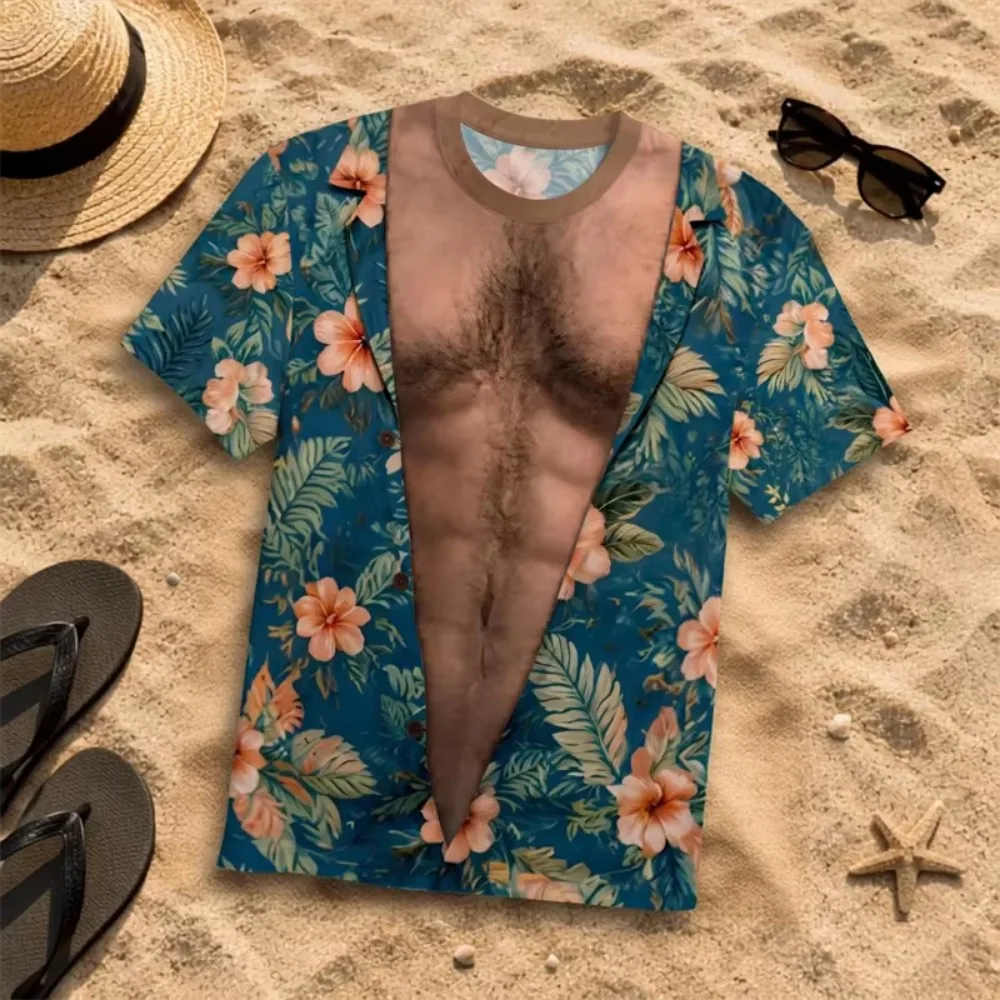 Men Funny Fake Abs Chest Hair Hawaiian Short Sleeve Breathable Leisure Quick-dry 3D Printed Men T-shirt Outdoor Street Sport Top