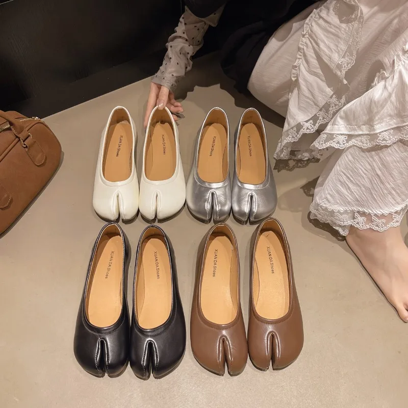 Spring Autumn Women Metallic Tabi Toe Ballet Flats Shoes Bow Decor Slip on Non-Slip Soft Sole Casual Daily Walking Shoes