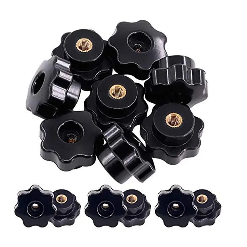 PORK-150Pcs M6 Star Knob Clamping Handle Nut Through Hole Set Brass Female Threaded Handle Screw On Knob Grip Black Plastic