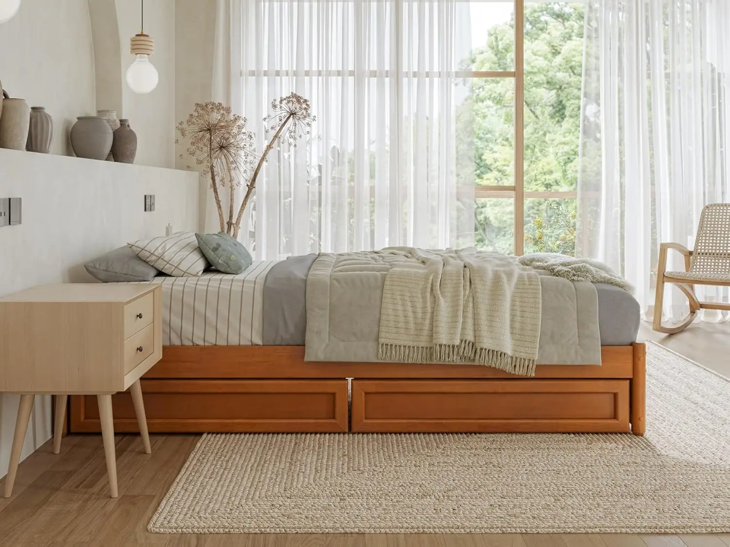 Twin Panel Platform cama com gavetas do armazenamento, Barcelona, luz Toffee