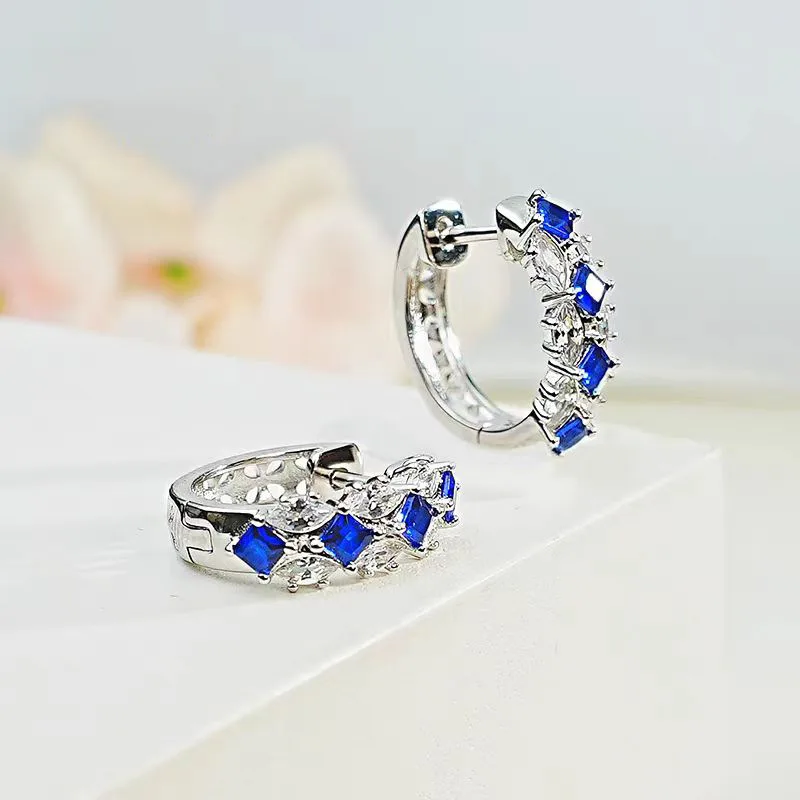 Luxury Female Blue Cobalt Spinel Hoop Earrings Charm Silver Color Trendy Zircon Stone Earring Wedding Jewelry For Women