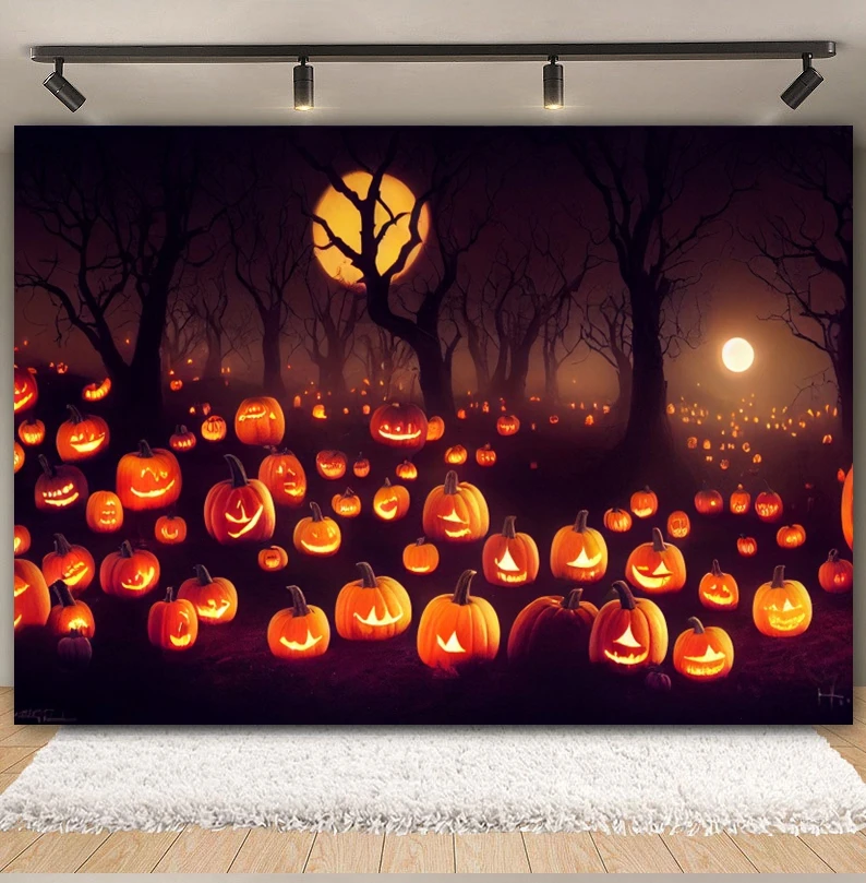 Fondo de bosque de Halloween, fotografía de Horror, Luna, noche, calabaza, terrorífica, bosque brumoso, fiesta del Día de Todos los Santos, Fondo de estudio fotográfico