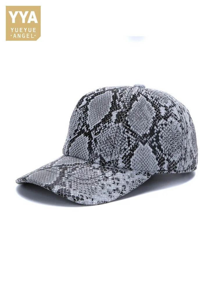 

Fashion Men Genuine Leather Snake Pattern Printed Baseball Cap Real Sheepskin Peaked Cap Spring Autumn New Adjustable Casual Hat