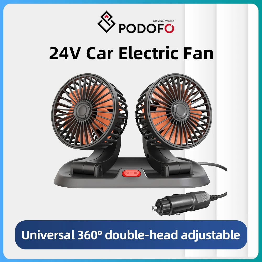 Podofo 24V Portable Double Car Rotating Fan 360 Degree Auto Cooling Fan USB Air Circulation For RV Truck