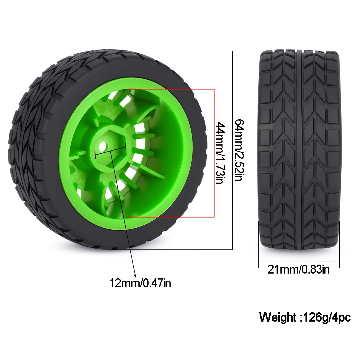 Arrow Tread Off Road Buggy Tires 4Pcs w/ Rims – 12mm Hex for 1/10 MJX 10303 / TT02 / TT01 / XV01 / HPI / HSP