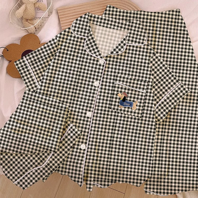 

Embroidery Dog Letter Cartoon Cute Pajamas for Women Vintage Plaid Design Nightwear Set 3 Piece Woman New Summer Fashion Pajamas