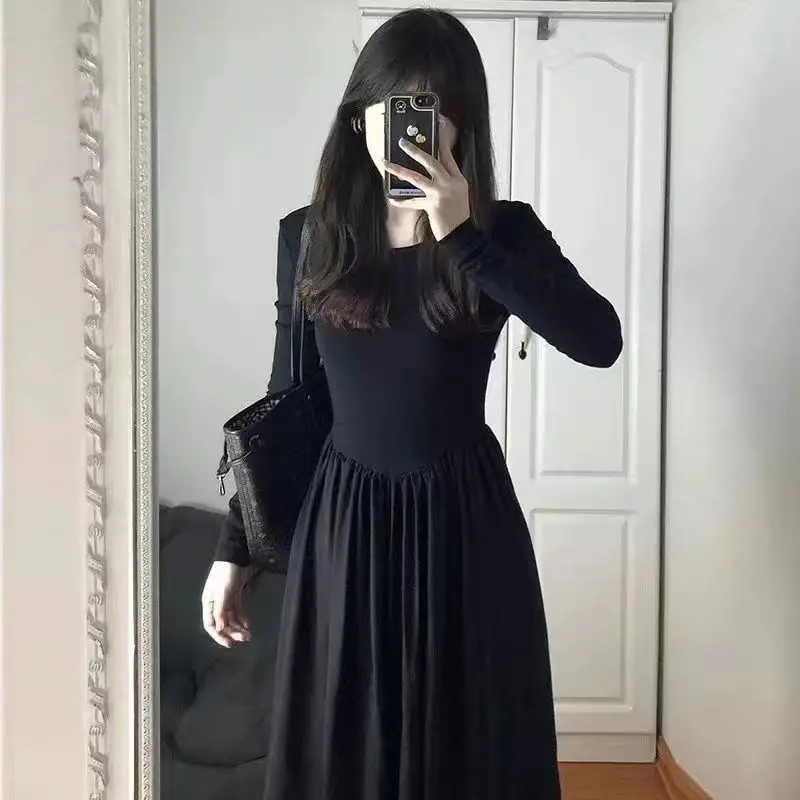 French Hepburn Black Long Sleeve Korean Edition New Style Elegant High End Dress